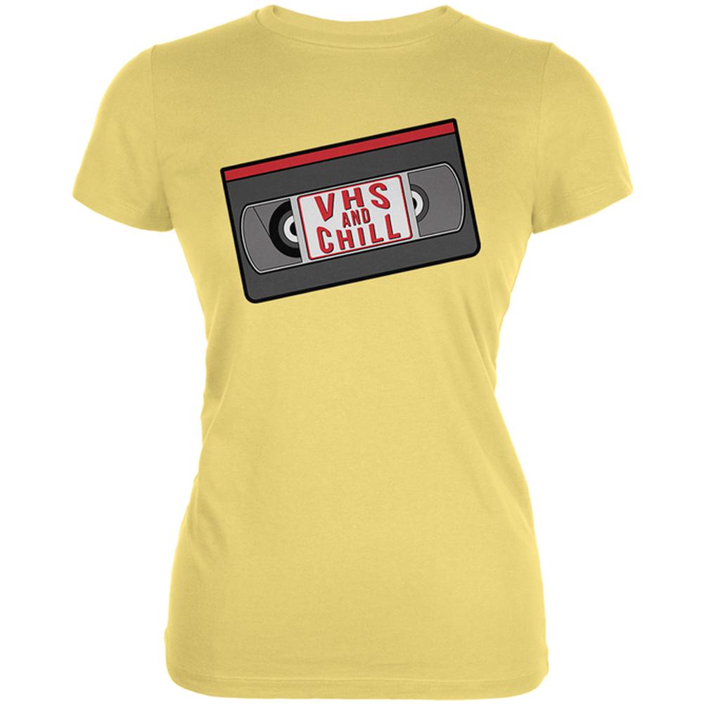 VHS And Chill Funny Juniors Soft T Shirt Juniors T-Shirts Old Glory LG Yellow