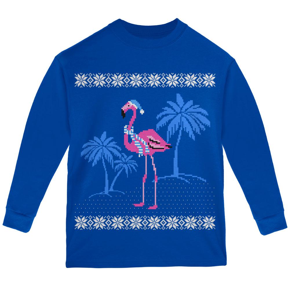Flamingo Winter Ugly Christmas Sweater Youth Long Sleeve T Shirt Youth Long Sleeves Old Glory LG Royal