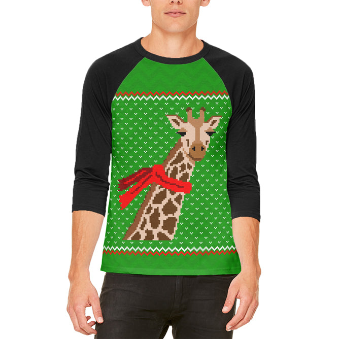 Ugly Christmas Sweater Big Giraffe Scarf Mens Raglan T Shirt Men's T-Shirts Old Glory LG White-Black