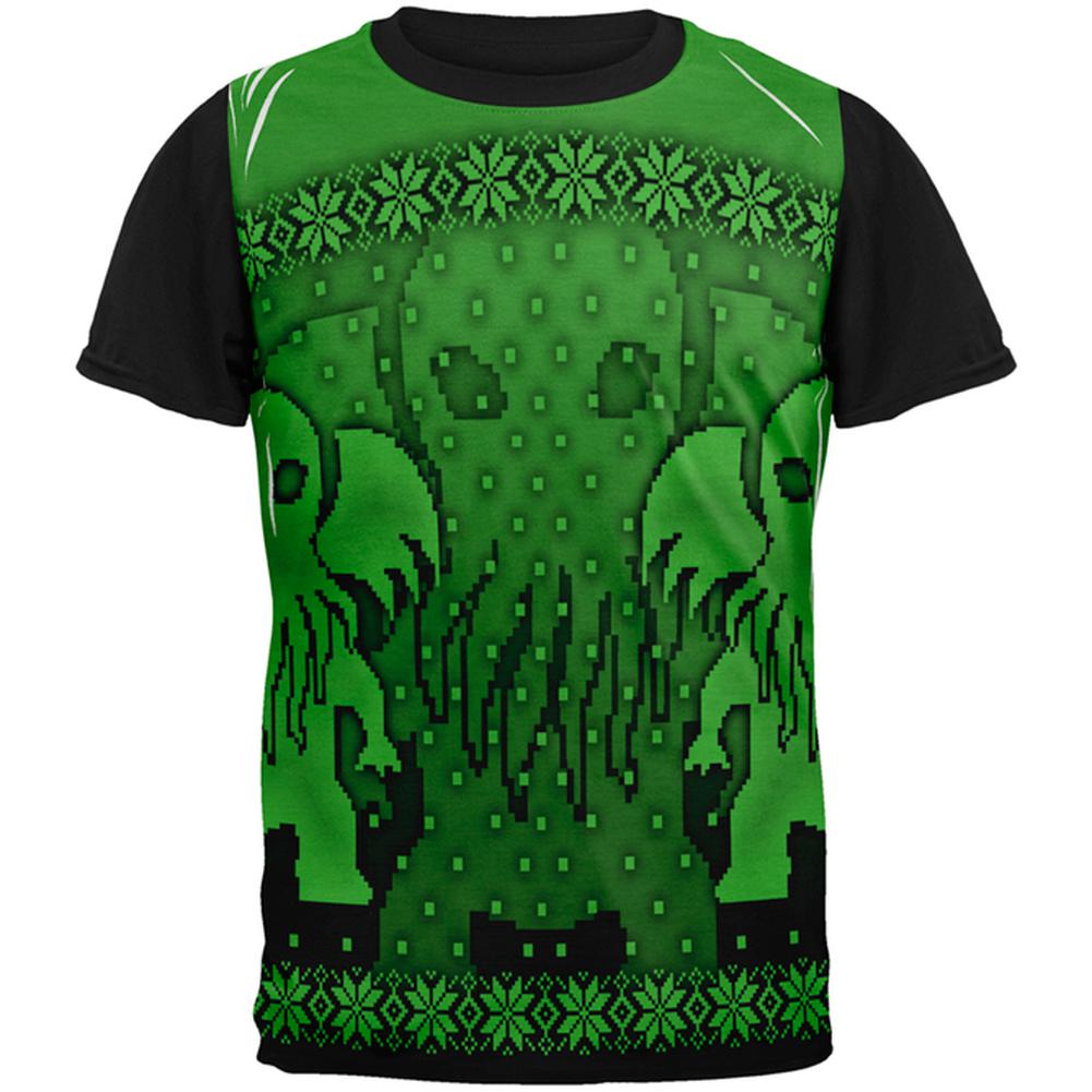 Ugly Christmas Sweater Big Cthulhu Greater Gods All Over Mens Black Back T Shirt Men's T-Shirts Old Glory SM Multi