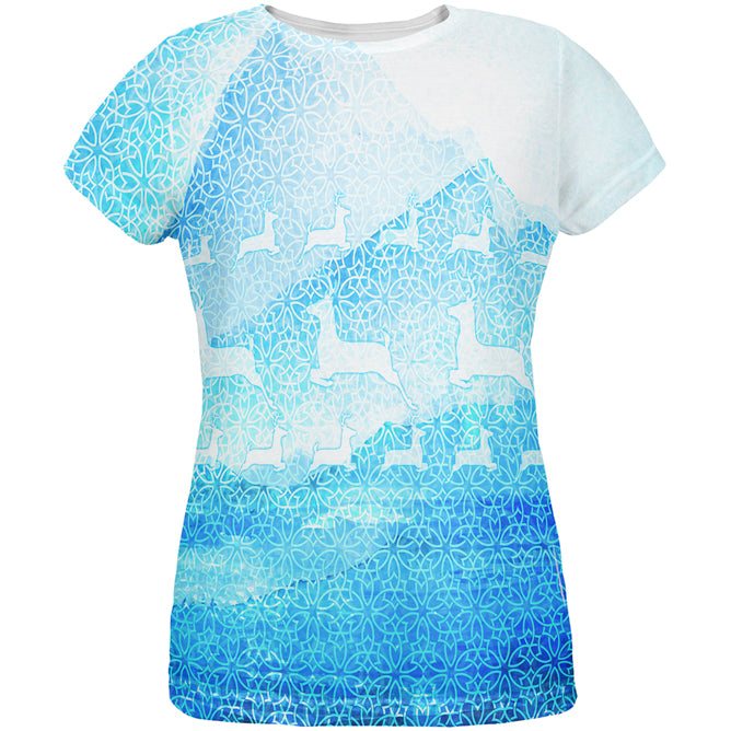 Not An Ugly Christmas Sweater Winter Mountains Deer All Over Womens T Shirt Women's T-Shirts Old Glory LG Multicolored