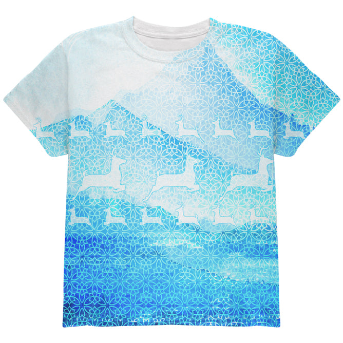 Not An Ugly Christmas Sweater Winter Mountains Deer All Over Youth T Shirt Youth T-Shirts Old Glory YLG Multicolored