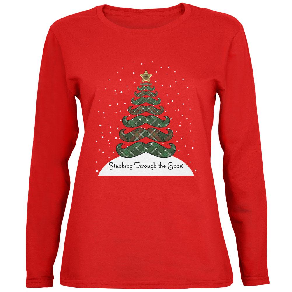 Christmas Staching Dashing Through the Snow Mustache Pun Womens Long Sleeve T Shirt Women's Long Sleeves Old Glory 2XL Red