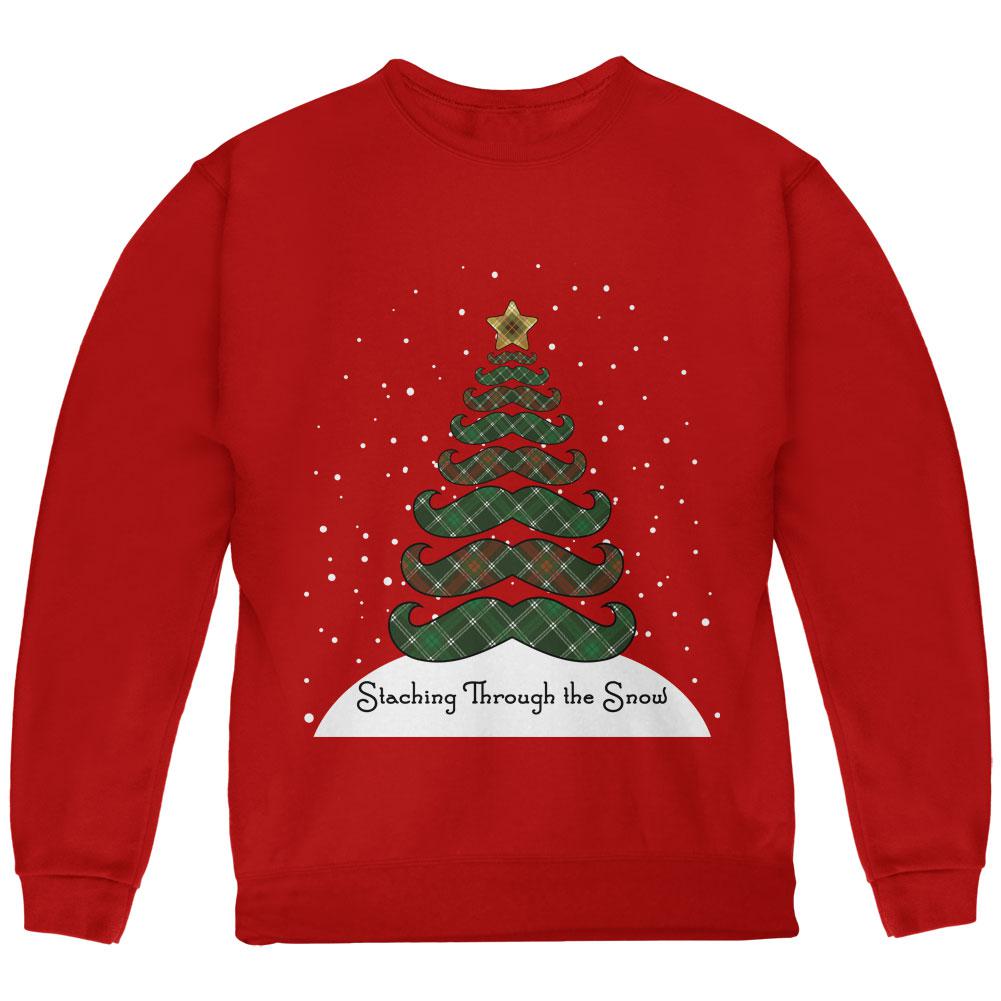 Christmas Staching Dashing Through the Snow Mustache Pun Youth Sweatshirt Youth Sweatshirts Old Glory LG Red