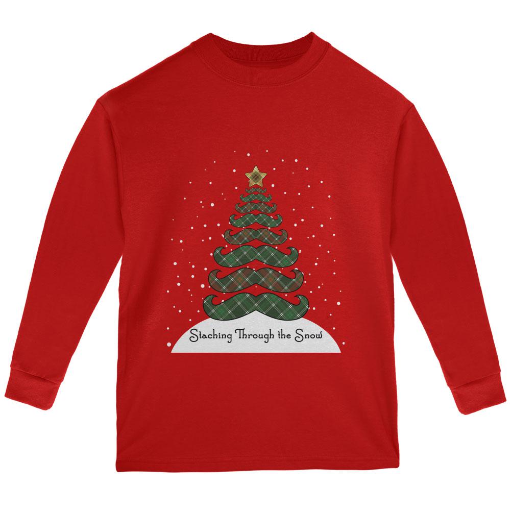 Christmas Staching Dashing Through the Snow Mustache Pun Youth Long Sleeve T Shirt Youth Long Sleeves Old Glory LG Red