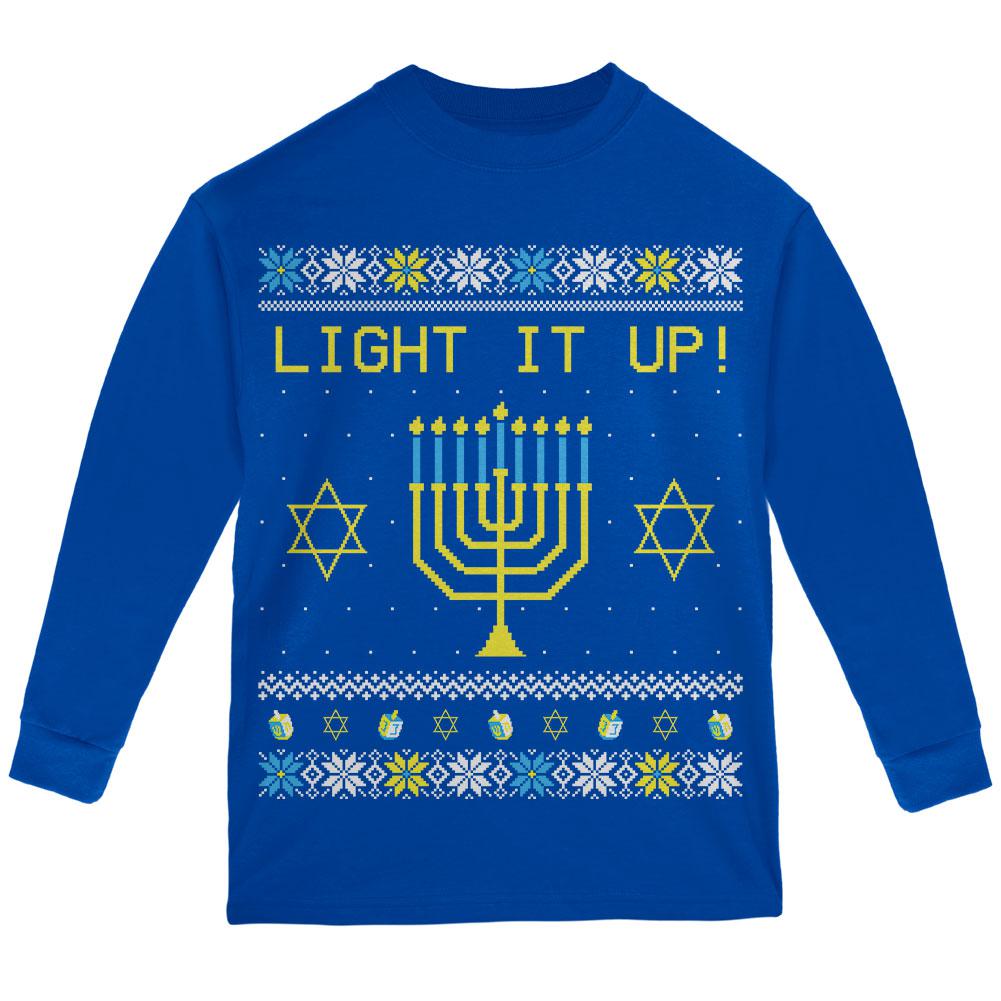 Hanukkah Light It Up Ugly Christmas Sweater Youth Long Sleeve T Shirt Youth Long Sleeves Old Glory LG Royal