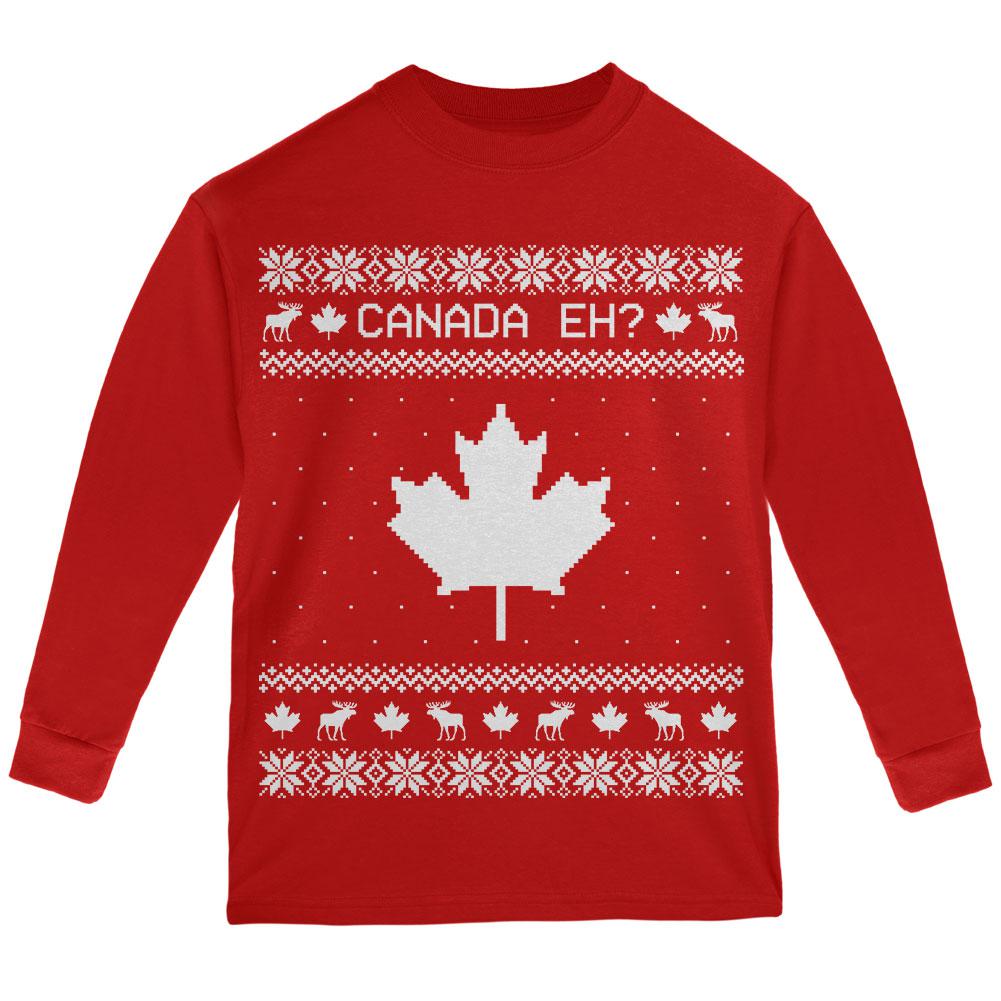 Canadian Canada Eh Ugly Christmas Sweater Youth Long Sleeve T Shirt Youth Long Sleeves Old Glory LG Red