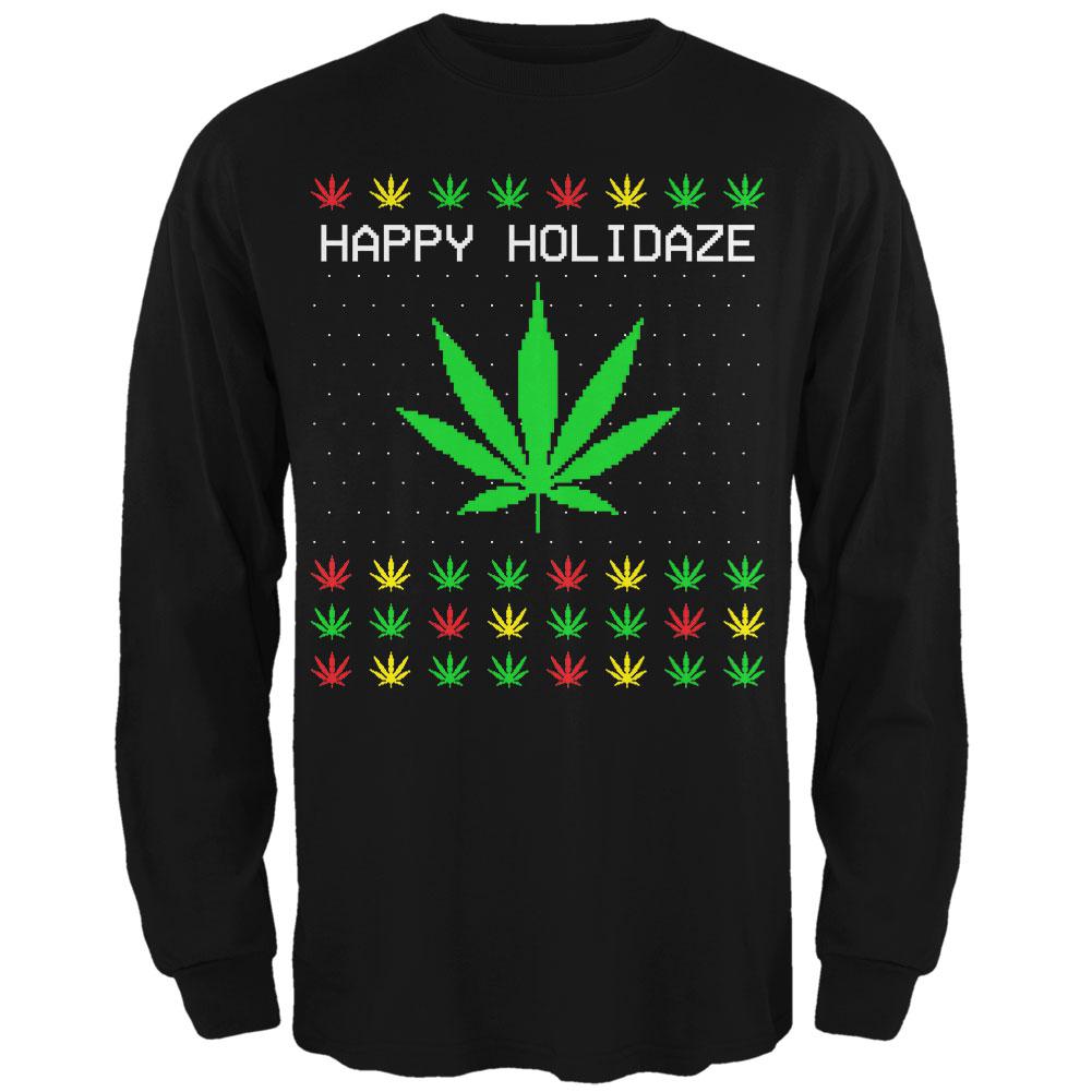 Pot Leaf Rasta Happy Holidaze Holidays Ugly Christmas Sweater Mens Long Sleeve T Shirt Men's Long Sleeves Old Glory 2XL Black