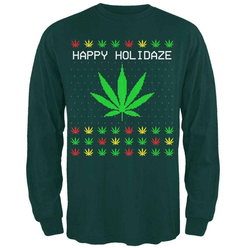 Pot Leaf Rasta Happy Holidaze Holidays Ugly Christmas Sweater Mens Long Sleeve T Shirt Men's Long Sleeves Old Glory 2XL Forest Green