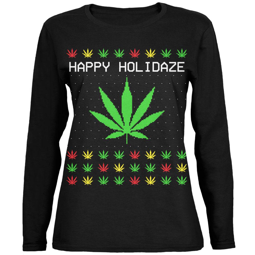 Pot Leaf Rasta Happy Holidaze Holidays Ugly Christmas Sweater Ladies' Relaxed Jersey Long-Sleeve Tee Women's Long Sleeves Old Glory 2XL Black