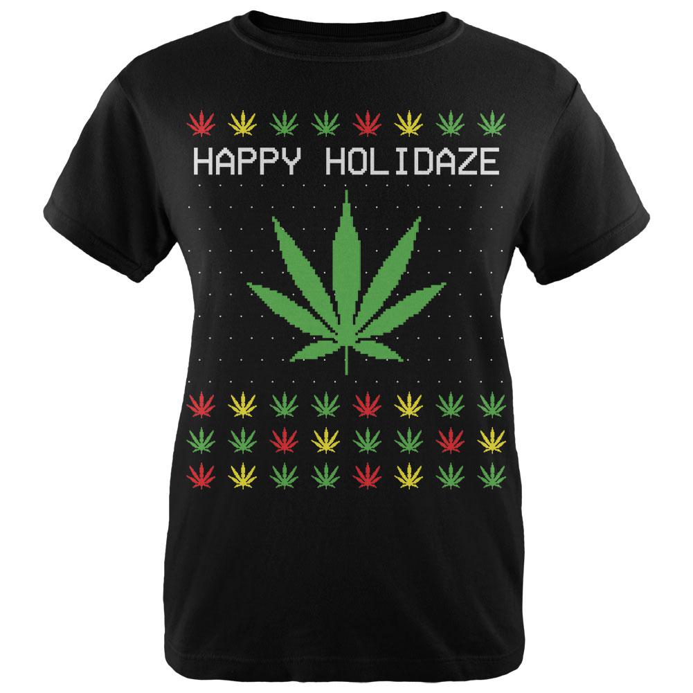 Pot Leaf Rasta Happy Holidaze Holidays Ugly Christmas Sweater Womens Organic T Shirt Women's T-Shirts Old Glory LG Black