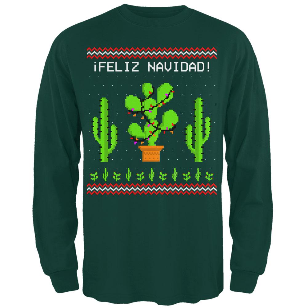 Cactus Desert Feliz Navidad Ugly Christmas Sweater Mens Long Sleeve T Shirt Men's Long Sleeves Old Glory 2XL Forest Green