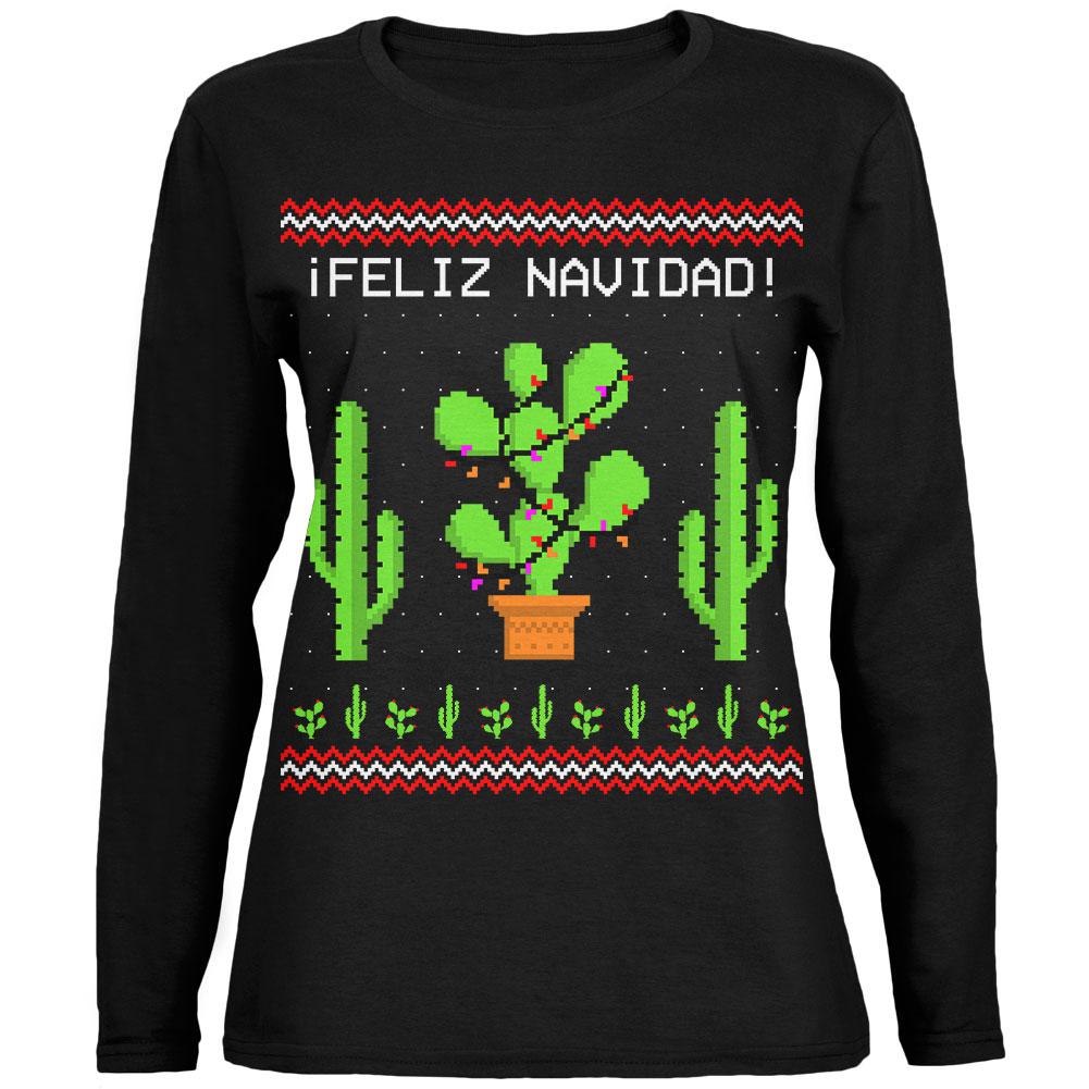 Cactus Desert Feliz Navidad Ugly Christmas Sweater Ladies' Relaxed Jersey Long-Sleeve Tee Women's Long Sleeves Old Glory 2XL Black