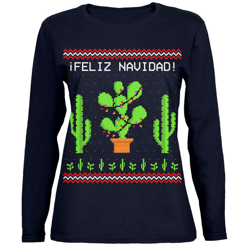 Cactus Desert Feliz Navidad Ugly Christmas Sweater Ladies' Relaxed Jersey Long-Sleeve Tee Women's Long Sleeves Old Glory 2XL Navy