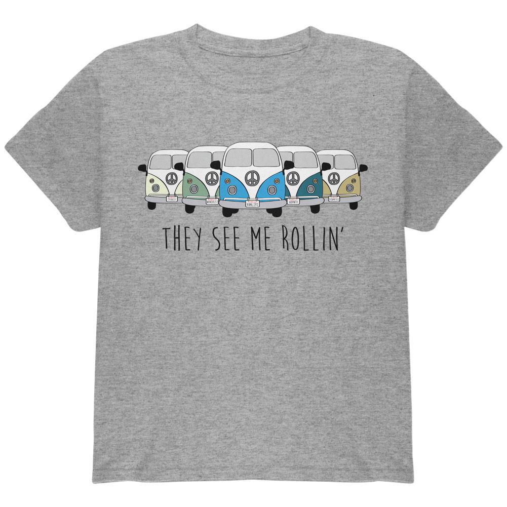 Hippie Van They See Me Rollin' Bus Camper Youth T Shirt Youth T-Shirts Old Glory LG Heather