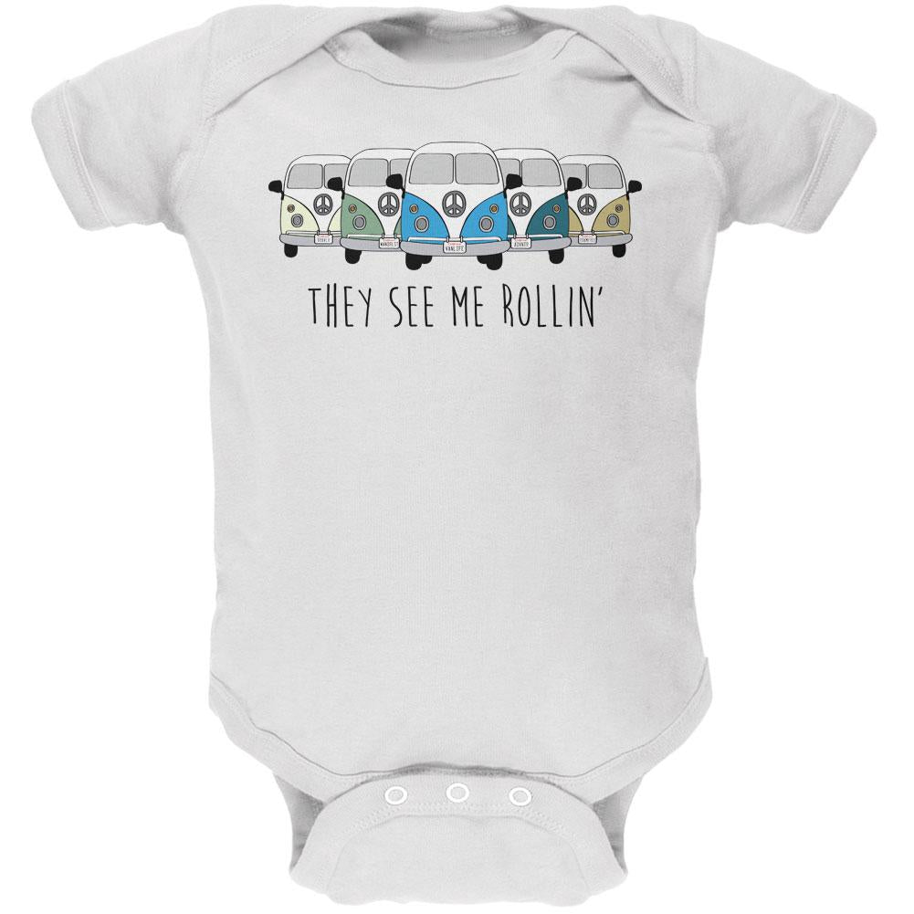Hippie Van They See Me Rollin' Bus Camper Soft Baby One Piece Baby One Piece Old Glory 0-3M White