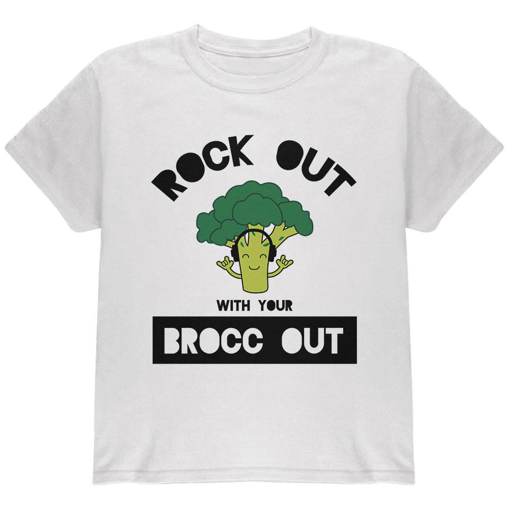 Vegetable Broccoli Rock Out With Your Brocc Out Funny Youth T Shirt Youth T-Shirts Old Glory LG White