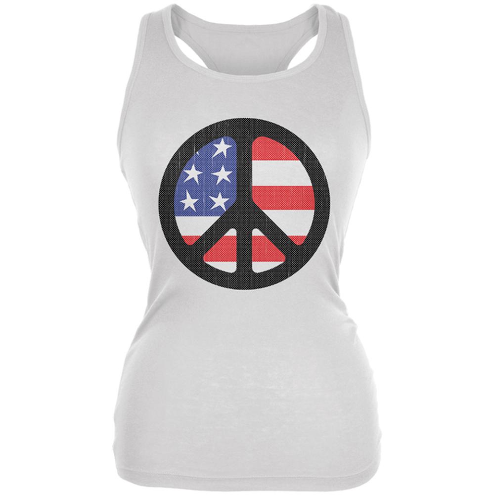 4th of July American Flag Peace Sign Distressed Halftone Juniors Soft Tank Top Juniors Tank Tops Old Glory 2XL White