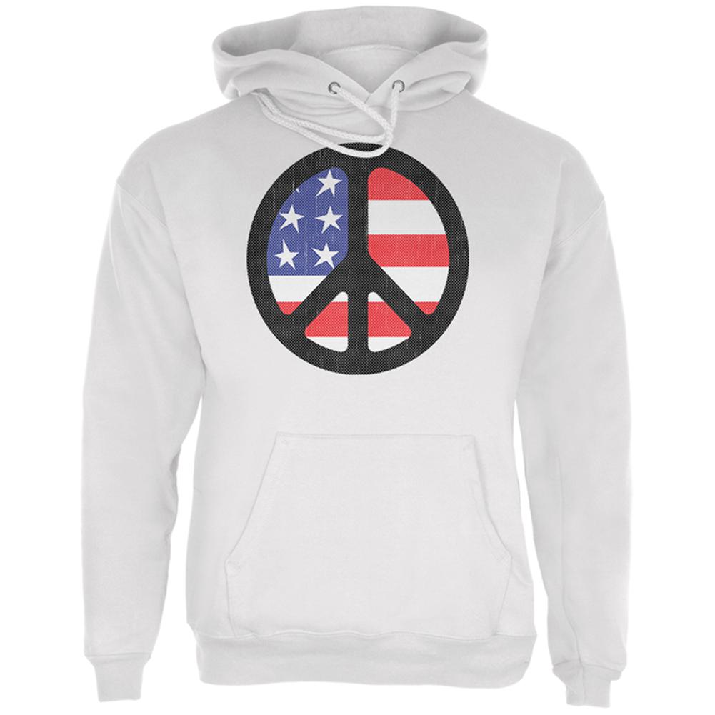 4th of July American Flag Peace Sign Distressed Halftone Mens Hoodie Men's Hoodies Old Glory LG White