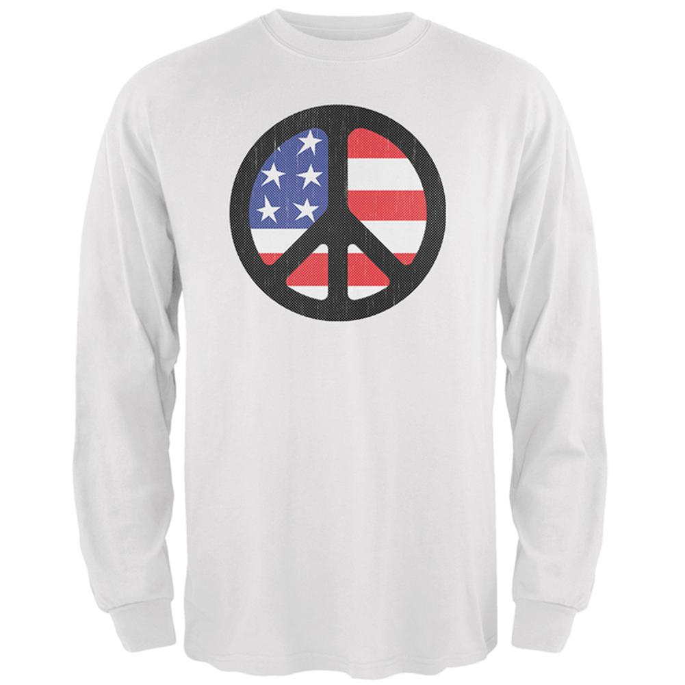 4th of July American Flag Peace Sign Distressed Halftone Mens Long Sleeve T Shirt Men's Long Sleeves Old Glory 2XL White