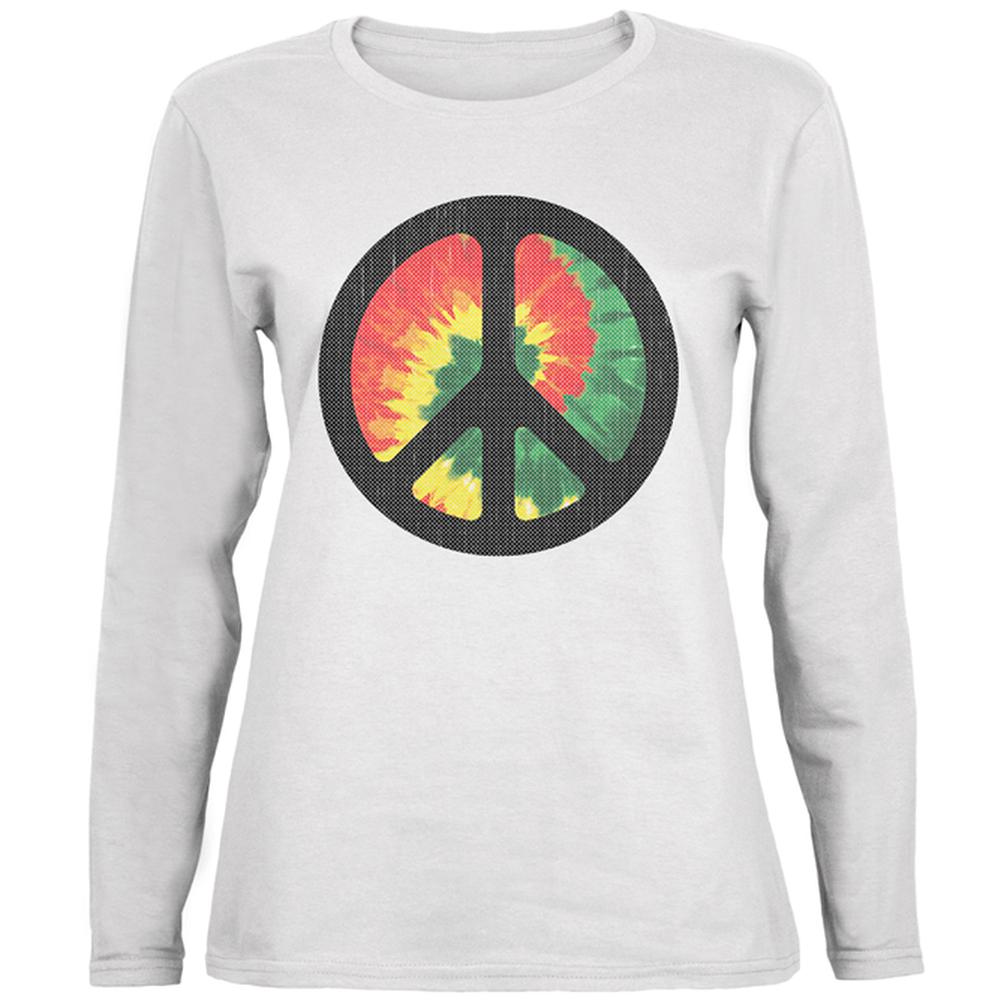 Rasta Tie Dye Peace Sign Distressed Halftone Ladies' Relaxed Jersey Long-Sleeve Tee Women's Long Sleeves Old Glory 2XL White