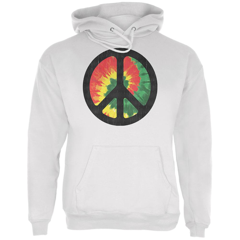 Rasta Tie Dye Peace Sign Distressed Halftone Mens Hoodie Men's Hoodies Old Glory LG White
