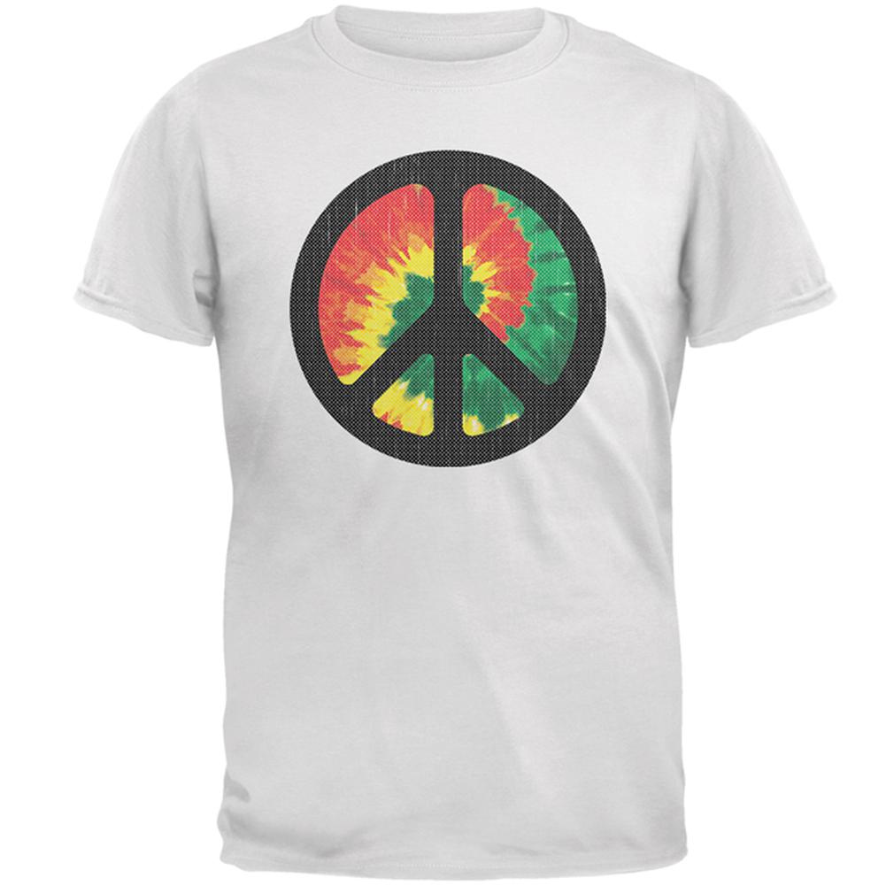 Rasta Tie Dye Peace Sign Distressed Halftone Mens T Shirt Men's T-Shirts Old Glory 2XL White