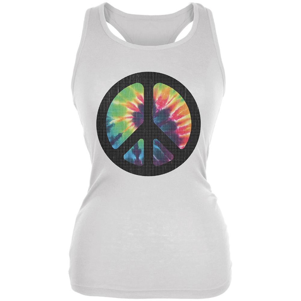 Tie Dye Peace Sign Distressed Halftone Juniors Soft Tank Top Juniors Tank Tops Old Glory 2XL White