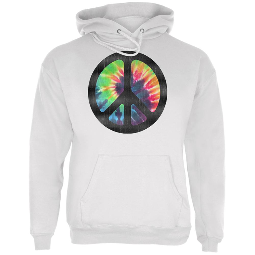 Tie Dye Peace Sign Distressed Halftone Mens Hoodie Men's Hoodies Old Glory LG White