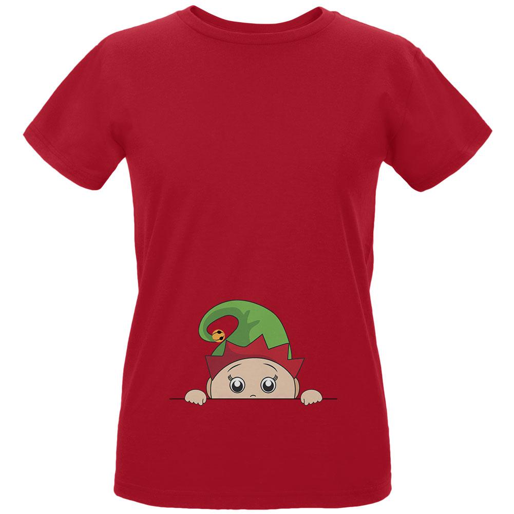 Christmas Peeking Baby Elf Green Womens Organic T Shirt Women's T-Shirts Old Glory LG Red