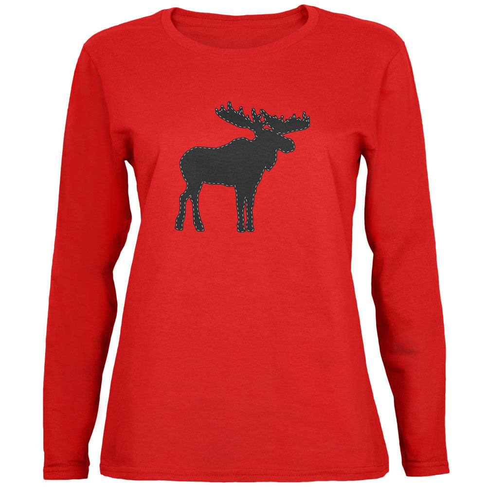 Moose Faux Stitched Womens Long Sleeve T Shirt Women's Long Sleeves Old Glory 2XL Red
