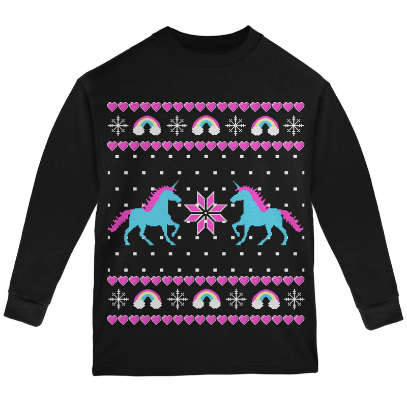 Unicorn Rainbow Ugly Christmas Sweater Youth Long Sleeve T Shirt Youth Long Sleeves Old Glory YLG Black