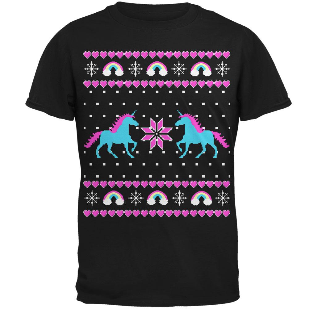 Unicorn Rainbow Ugly Christmas Sweater Mens T Shirt Men's T-Shirts Old Glory 2XL Black