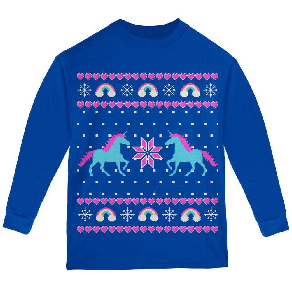 Unicorn Rainbow Ugly Christmas Sweater Youth Long Sleeve T Shirt Youth Long Sleeves Old Glory SM Royal