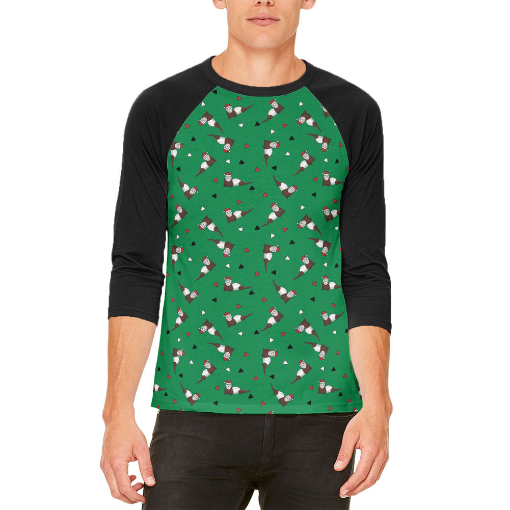 Retro Ferry Merry Christmas Ferret Pattern Mens Raglan T Shirt Men's T-Shirts Old Glory LG Green