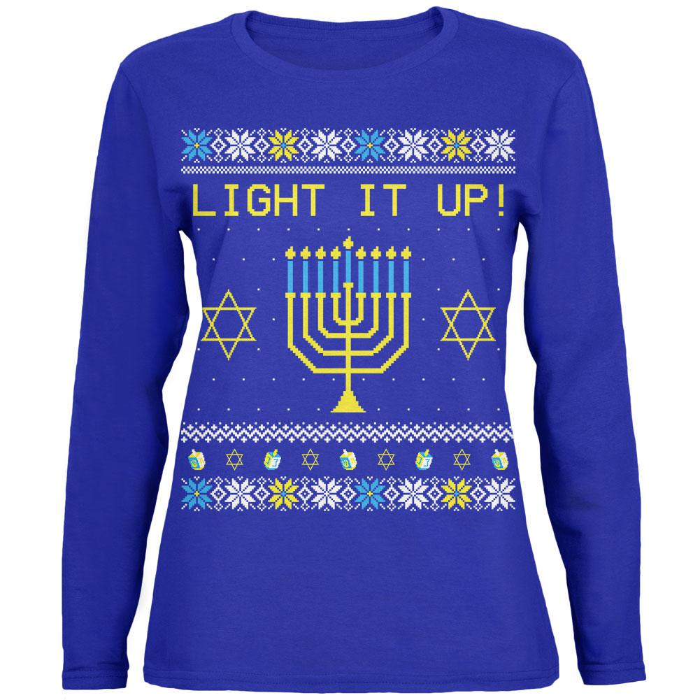 Hanukkah Light It Up Ugly Christmas Sweater Womens Long Sleeve T Shirt Women's Long Sleeves Old Glory 2XL Royal
