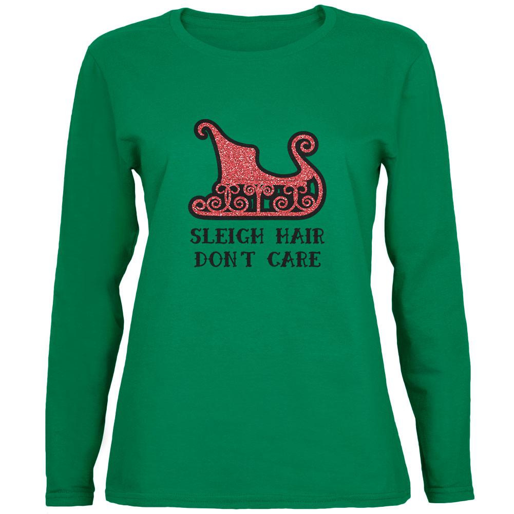 Christmas Sleigh Hair Don't Care Womens Long Sleeve T Shirt Women's Long Sleeves Old Glory 2XL Green