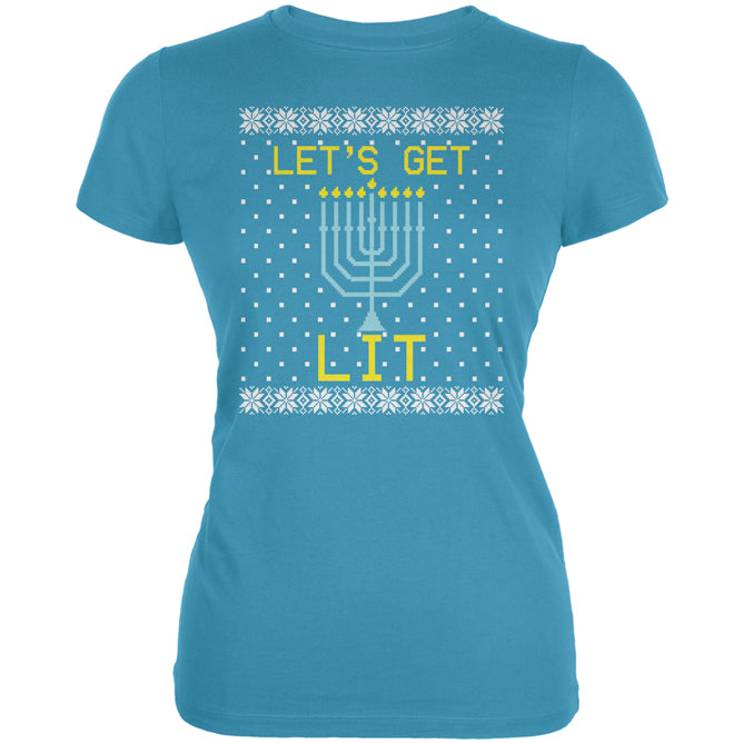 Menorah Get Lit Ugly Hanukkah Sweater Juniors Soft T Shirt Juniors T-Shirts Old Glory LG Aqua