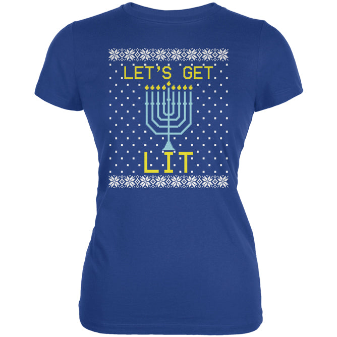 Menorah Get Lit Ugly Hanukkah Sweater Juniors Soft T Shirt Juniors T-Shirts Old Glory 2XL Royal