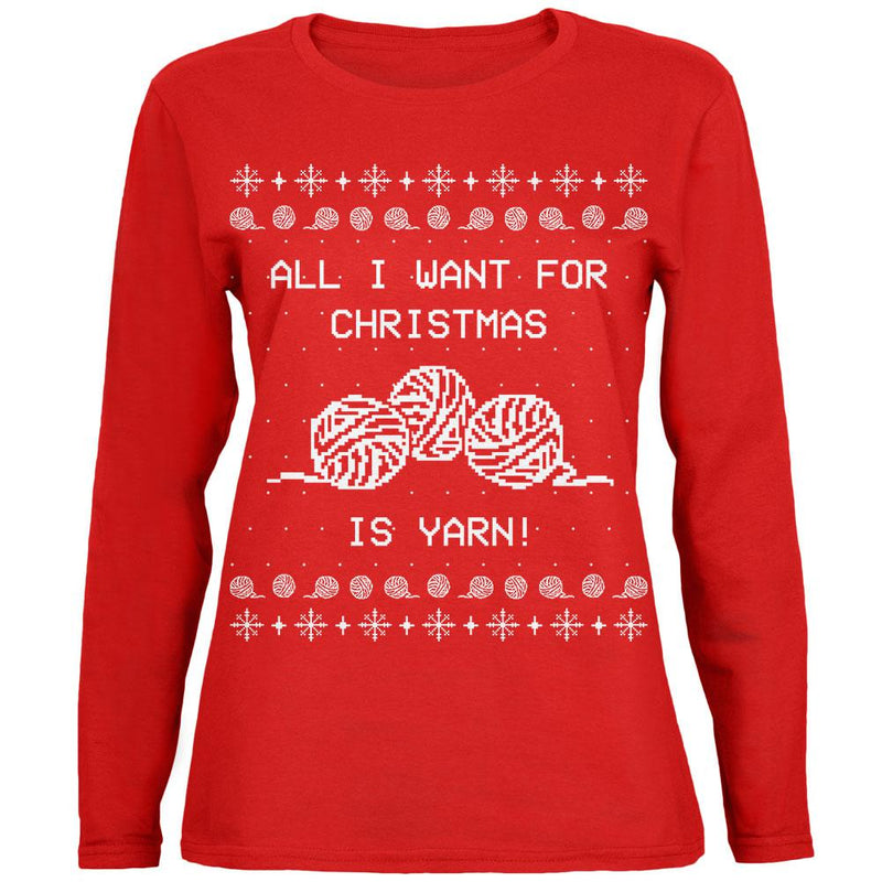 I Want Yarn Knitting Ugly Christmas Sweater Womens Long Sleeve T Shirt Women's Long Sleeves Old Glory 2XL Red