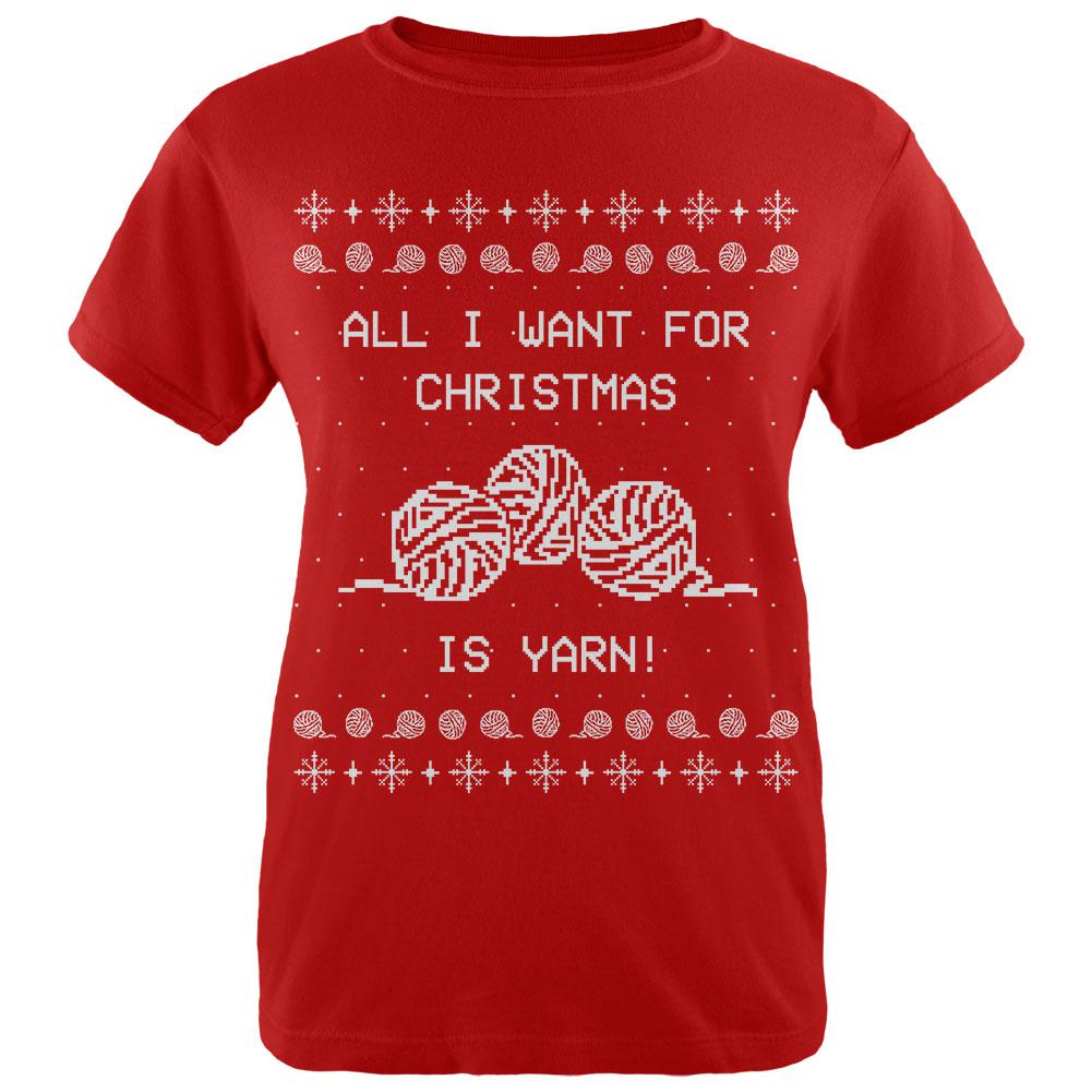 I Want Yarn Knitting Ugly Christmas Sweater Womens T Shirt Women's T-Shirts Old Glory LG Red