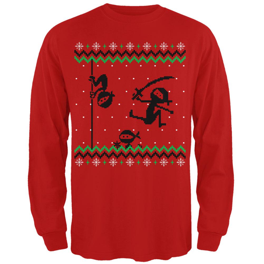 Ninja Ninjas Attack Ugly Christmas Sweater Mens Long Sleeve T Shirt Men's Long Sleeves Old Glory 2XL Red