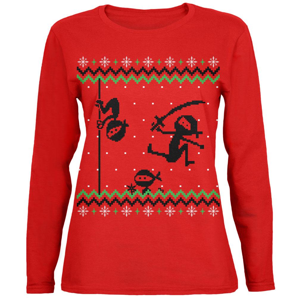 Ninja Ninjas Attack Ugly Christmas Sweater Womens Long Sleeve T Shirt Women's Long Sleeves Old Glory 2XL Red