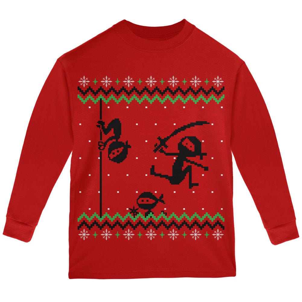 Ninja Ninjas Attack Ugly Christmas Sweater Youth Long Sleeve T Shirt Youth Long Sleeves Old Glory LG Red