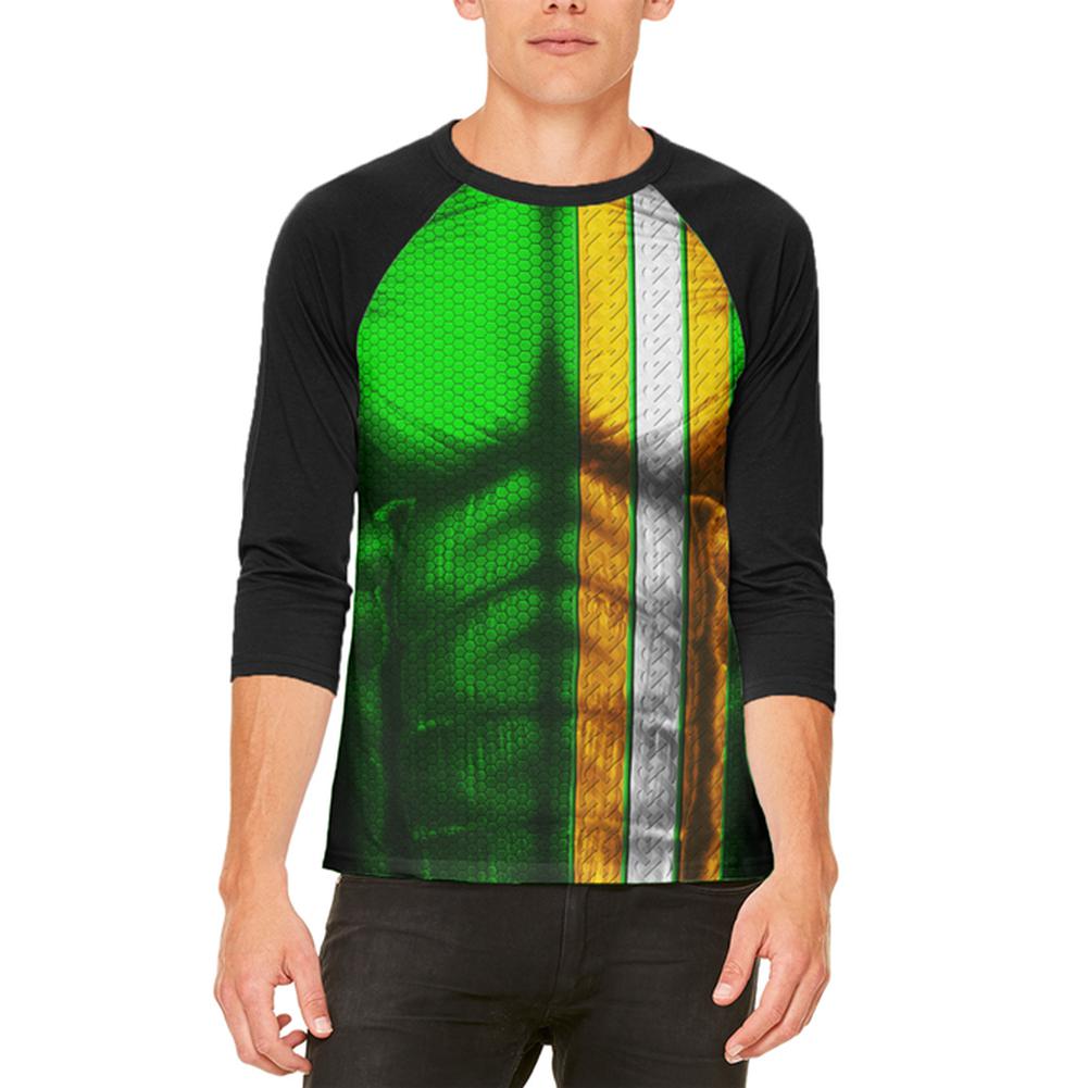 St Patrick's Day Irish Champion Superhero Costume Mens Raglan T Shirt Men's T-Shirts Old Glory 2XL White-Black