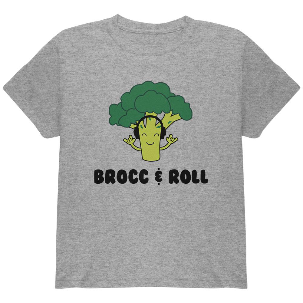 Vegetable Broccoli Rock Brocc and Roll Funny Youth T Shirt Youth T-Shirts Old Glory LG Heather
