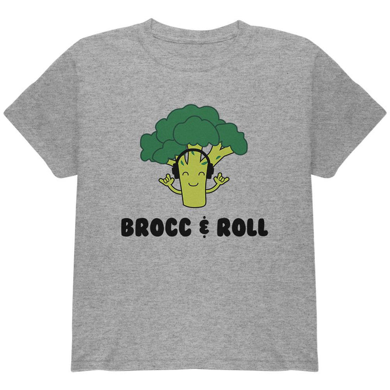 Vegetable Broccoli Rock Brocc and Roll Funny Youth T Shirt Youth T-Shirts Old Glory LG Heather