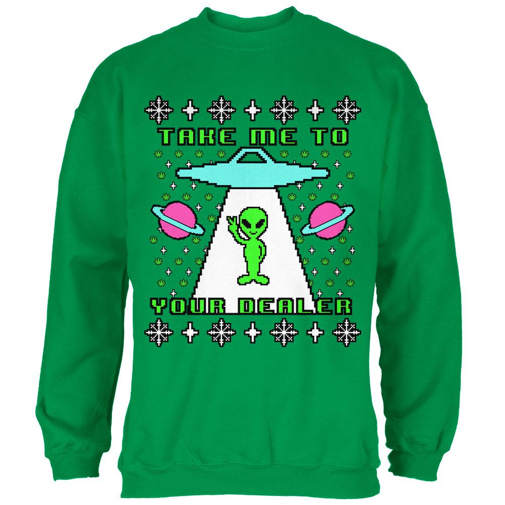Alien Take Me to Your Dealer Ugly Christmas Sweater Mens Sweatshirt Men's Sweatshirts Old Glory SM Irish Green
