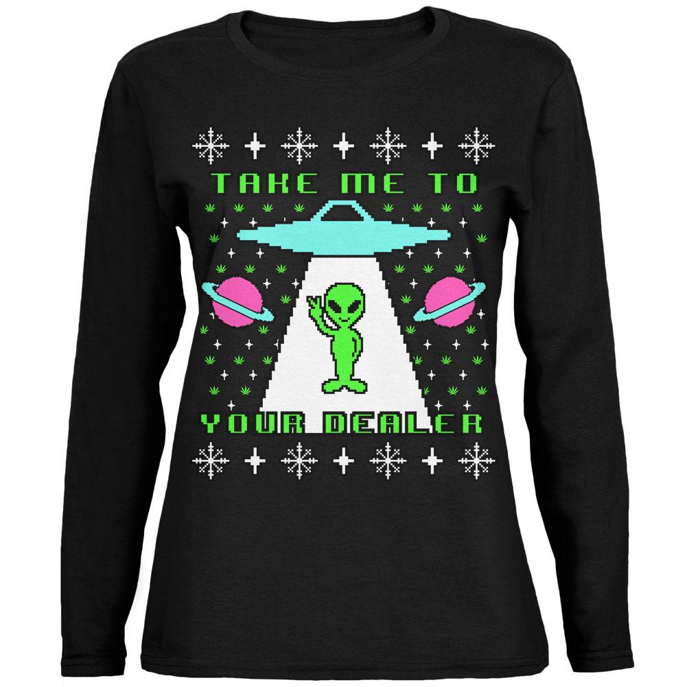 Alien Take Me to Your Dealer Ugly Christmas Sweater Ladies' Jersey Long-Sleeve Tee Women's Long Sleeves Old Glory 2XL Black