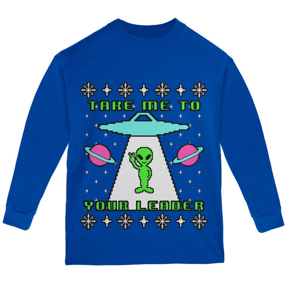 Alien Take Me to Your Leader Ugly Christmas Sweater Youth Long Sleeve T Shirt Youth Long Sleeves Old Glory LG Royal